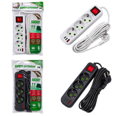 Удлинитель с 3я местами розеткой 2цв. с вкл. в кл. USB+200-41050